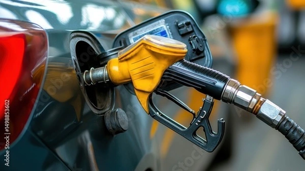 Fototapeta Fueling Up: A close-up shot capturing a gasoline pump filling the gas tank of a car, illustrating the process of refueling and the energy that powers our vehicles.