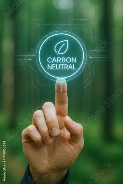 Fototapeta Pointing Finger Pressing Circular Carbon Neutral Symbol on Transparent Futuristic Interface in Forest Environment