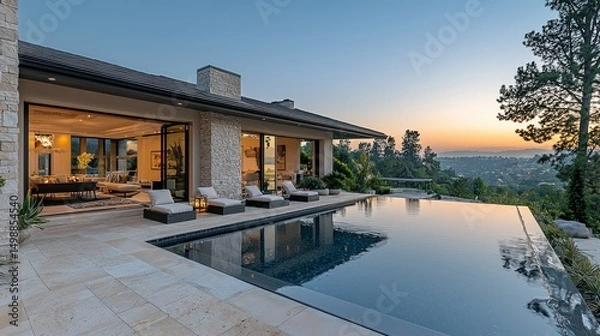 Fototapeta Luxurious modern home with pool at sunset