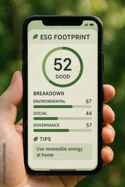 Fototapeta A green ESG tracker app interface is shown on a smartphone held in hand.