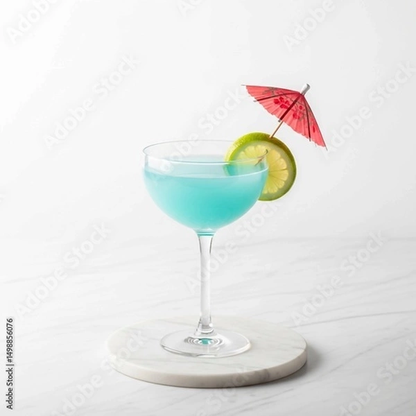 Fototapeta A colorful beverage: a blue cocktail adorned with a lime wheel and a decorative mini-umbrella.