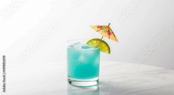 Fototapeta Refreshing blue cocktail with a lime slice and red umbrella, presented on a white marble surface