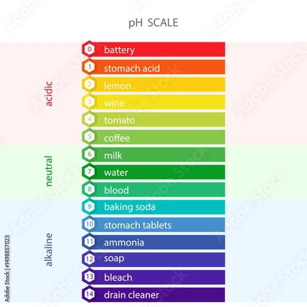 Fototapeta PH value Scale chart. Liquid level, litmus color change. Ph food analysis or chemical test. Vector illustration in flat style.