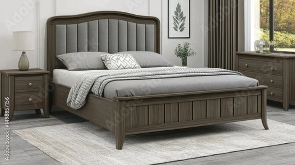 Obraz Elegant Bedroom Set with Wooden Bed Frame and Grey Accents