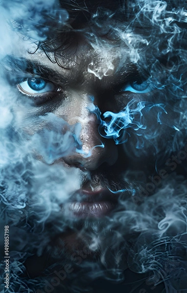 Obraz Mysterious Man with Blue Eyes Surrounded by Smoke in Abstract Atmospheric Portrait on White Background