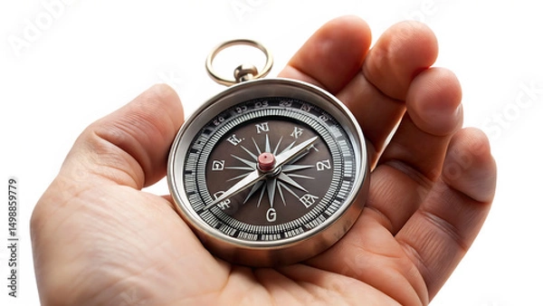 Fototapeta Hand holding compass isolated on a white background png ai generated