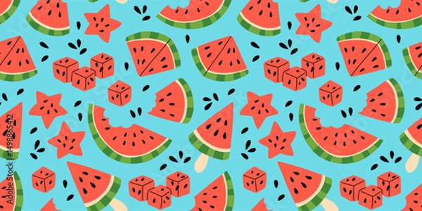 Fototapeta Seamless pattern with pink watermelons and watermelon slices. Hand drawn watermelon pattern on blue background. for fabric, drawing labels, print, wallpaper of children's room, fruits background