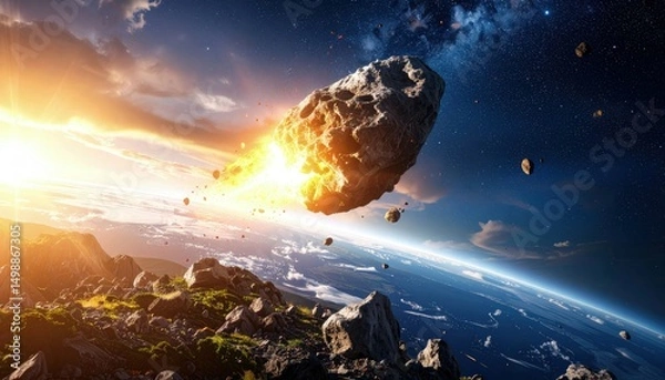 Obraz Epic cosmic view of an asteroid nearing Earth under a moody sky, perfect for poster art