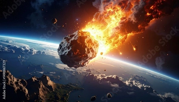 Obraz High-impact space illustration with asteroid approaching Earth and intense atmosphere