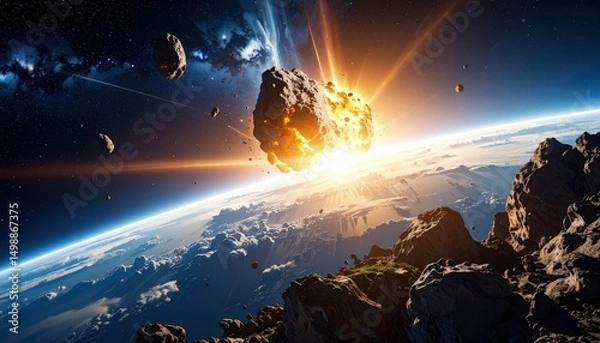 Obraz Massive asteroid heading toward Earth in a cinematic space scene with dramatic lighting