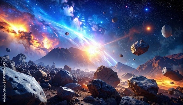 Obraz Futuristic deep space background with glowing stars and detailed asteroid field