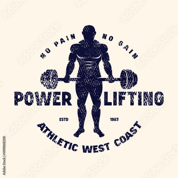 Obraz Sport emblem with powerlifter silhouette. Graphic design with rough texture for t-shirt. Black print on white background