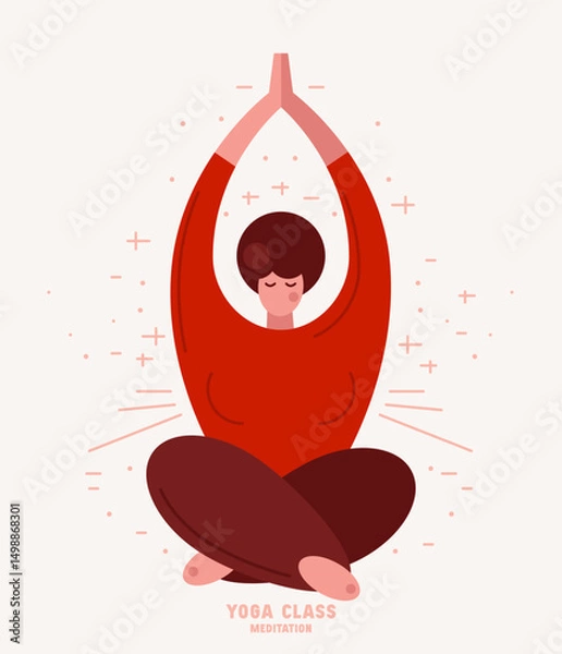 Obraz Illustration of body positive woman doing yoga in lotus position. Stylized flat graphic style for your design. Color print on white background