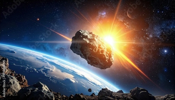 Obraz Space-themed artwork showing large asteroid heading toward Earth with poster-ready lighting