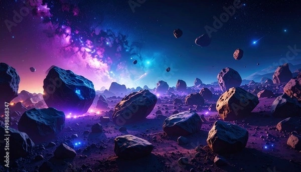 Obraz Stylized vector poster for International Asteroid Day featuring planets and asteroid belt