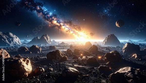 Obraz Asteroid field in a glowing futuristic universe with nebula clouds and starry depth