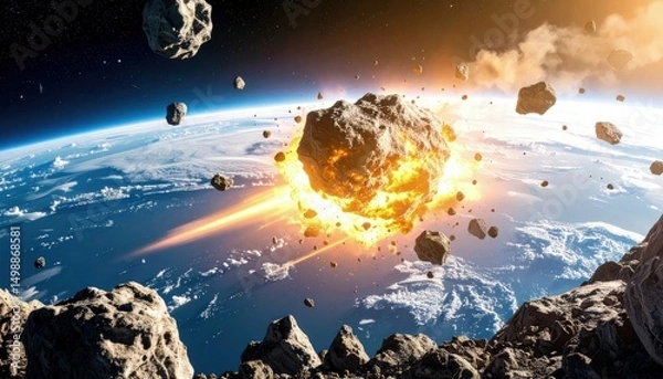 Obraz Asteroid impact awareness, educational infographic style, space safety theme, light background