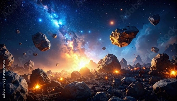 Obraz Sci-fi themed illustration of asteroid belt surrounded by nebulae and cosmic lights