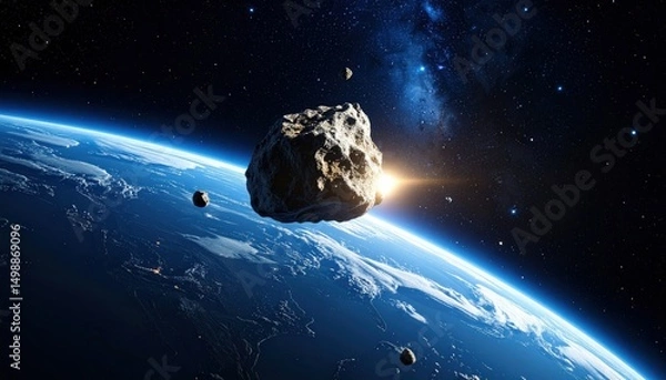 Obraz Space rock soaring near Earth with cosmic background and luminous galaxies