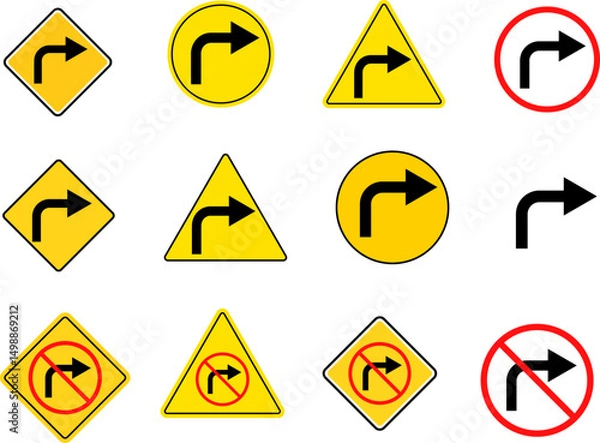 Fototapeta Turn Right and no turn right sign set. Arrow Sign Direction Icon. Road sign indicates. redo process. road signpost symbol