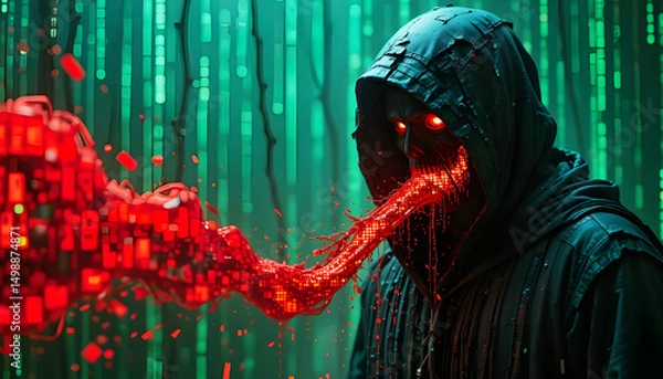 Obraz A hacker in a hoodie, representing the threat of cybercrime,Concept of cybersecurity and hacking