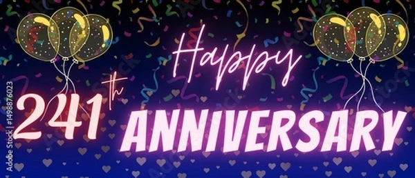Fototapeta 241th anniversary neon calligraphy text and number. Confetti and balloon isolated on elegant blue gradient background, sparkle, design for greeting card, print. Two hundred forty one anniversary