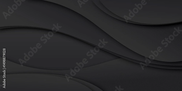 Fototapeta Black leather texture with a futuristic gray metal wave pattern backdrop, framed by dark curved lines and a subtle light