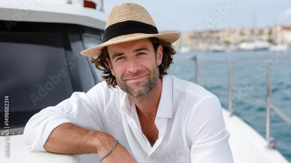 Fototapeta Man wearing a straw hat and white shirt is smiling at the camera. He is sitting on a boat in the water