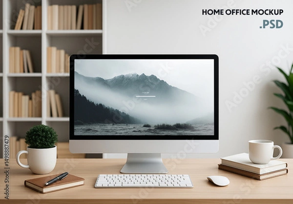 Fototapeta Home office interior desktop screen monitor mockup