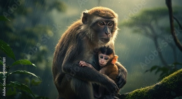 Obraz Monkey Caring for Baby in Rainy Forest Scene
