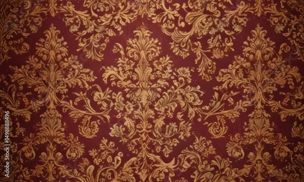 Fototapeta Intricate damask pattern in deep burgundy and gold  ,  decor,  design