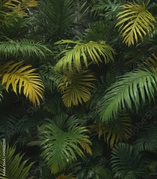 Fototapeta Intricate palm leaves, vibrant greens & yellows, lush tropical texture , texture, yellow