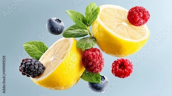 Fototapeta Close up of a lemon and raspberries with a blue background. The lemon is cut in half and the raspberries are scattered around it. Concept of freshness and healthiness