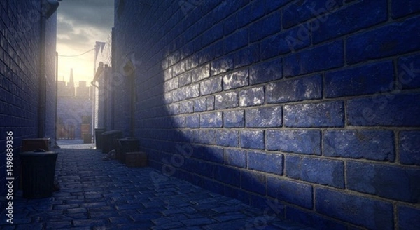 Obraz Walking Down a Narrow City Alleyway with Brick Walls and Evening Sky