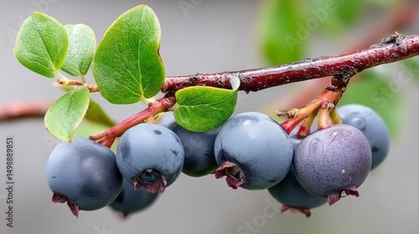 Fototapeta Branch with blue berries on it. The berries are ripe and ready to be picked. The branch is green and has a few leaves
