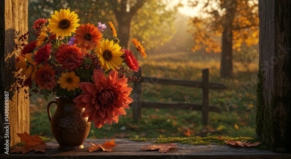 Obraz Autumn Flowers in Vase by Window Overlooking Field