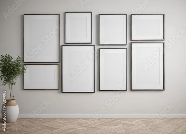 Fototapeta Minimalist gallery wall mockup with diverse frames on white ,  photography,  art,  design mockup