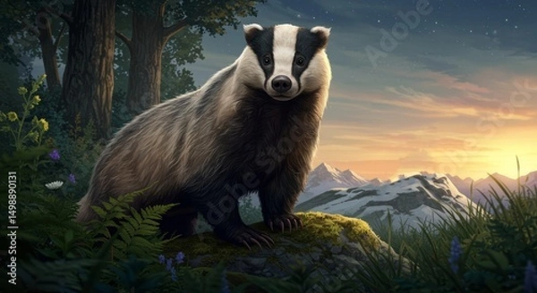 Obraz Badger Standing on Mossy Rock in Forest Landscape at Dusk
