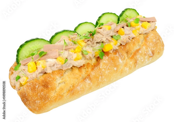 Fototapeta Tuna mayonnaise and sweetcorn sandwich with cucumber in a crusty baguette sub isolated on a white background