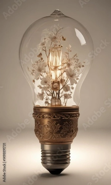Fototapeta A vintage-style lightbulb, its surface deeply etched with a delicate floral motif, radiates soft light ,  floral pattern,  white,  illumination