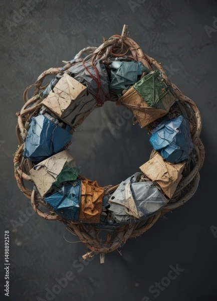 Fototapeta Abstract macro shot of intertwined recycled materials forming a recycling symbol shape , recycle,  environment,  natural