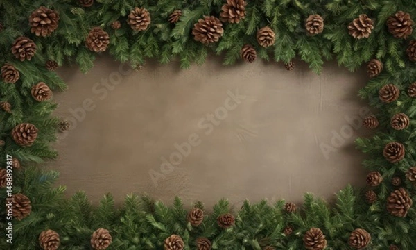 Fototapeta Lush fir branches and pine cones form a rustic Christmas border , spruce, holiday decor, branches