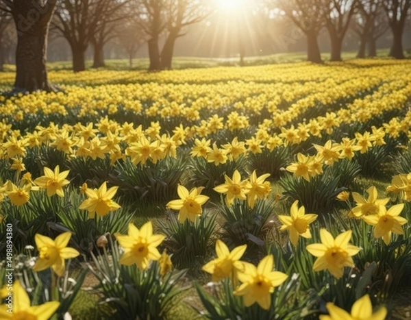 Fototapeta Vast field of daffodils bathed in sunlight, cheerful spring scene , landscape, vibrant