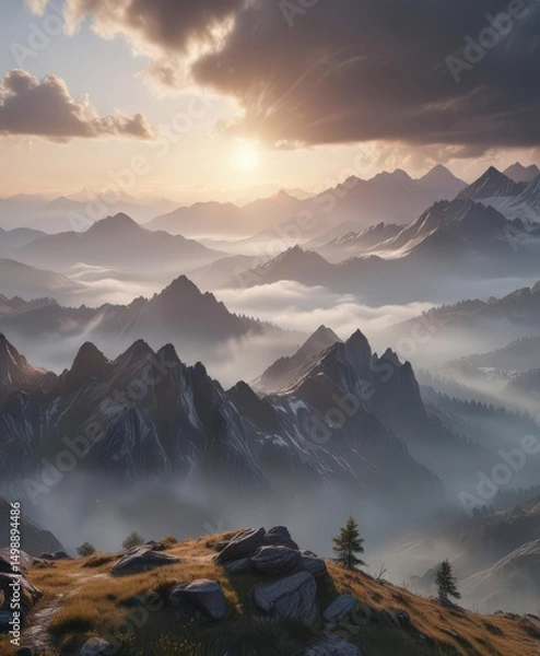 Fototapeta Misty mountain range at dawn, sunbeams breaking through clouds,  calm,  vista,  majestic