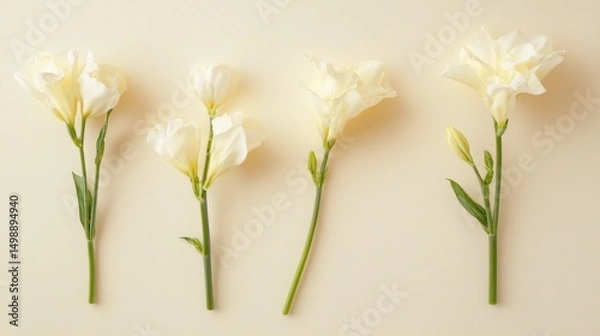 Fototapeta Four white flowers arranged in a row on a plain beige background. the flowers have long, thin stems and are arranged in two rows of three.