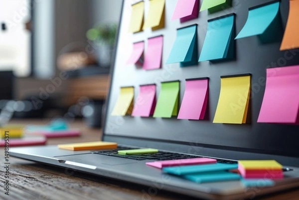Obraz Colorful Sticky Notes on Laptop Displaying Creative Work Environment