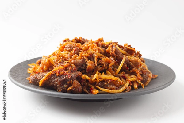 Obraz Stir-Fried Cumin Beef on a White Background