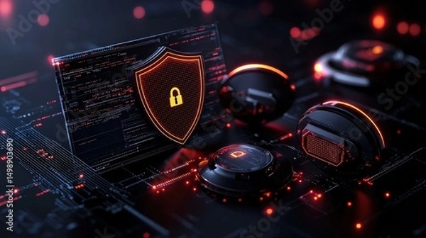 Obraz Digital security icons with protective shields cyber environment visual graphics futuristic concept