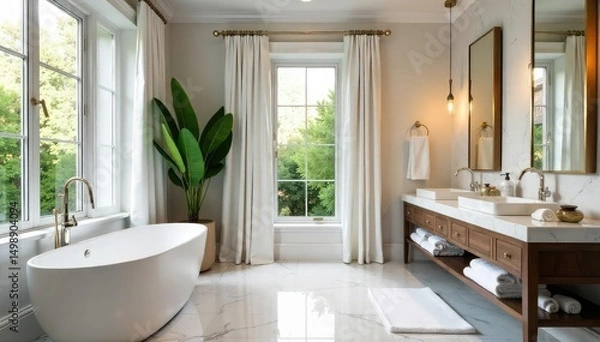 Fototapeta Luxurious bathroom decor featuring a freestanding tub, marble accents, and plush towels  Create a spa-like oasis in your own home with elegant design choices , contemporary, apartment, elegant