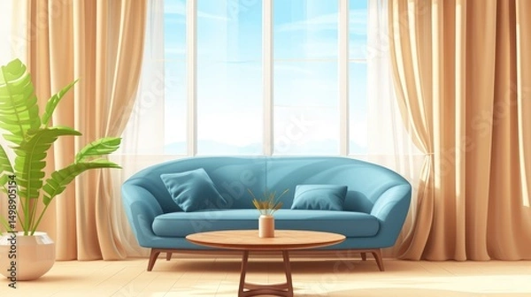 Fototapeta Teal curved sofa sits in front of a large window with beige curtains a wooden coffee table and a potted plant